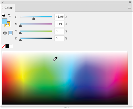 Illustration of defining CMYK color by either click in the color palette at the bottom of the panel to select a color, or enter values for cyan, magenta, yellow, and black (K) using sliders to define a color.