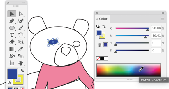 Illustration of applying a blue fill from the toolbox and generating CMYK color values.