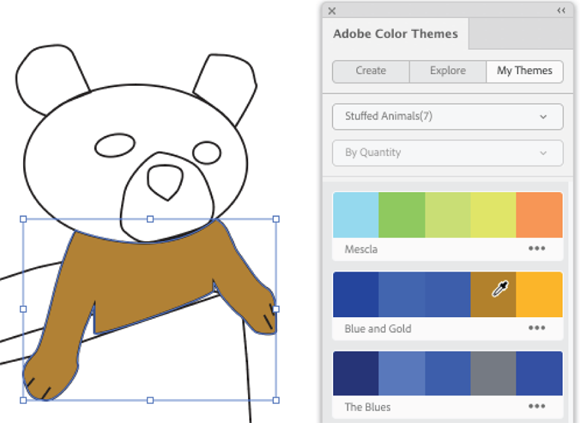 Illustration of applying a fill from a custom color theme named Stuffed Animals theme.