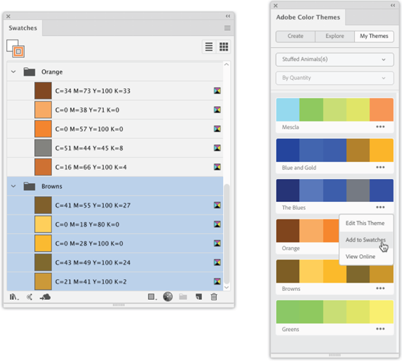 Illustration of adding a single color or selected colors from a theme to the Swatches panel for a document.