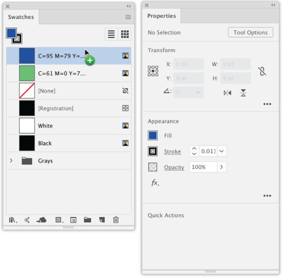 Illustration of adding a   color from the Properties panel to the Swatches panel.