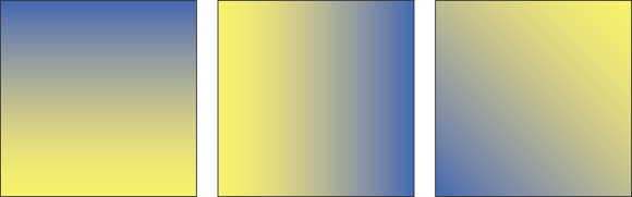Illustration of linear gradients blending color from one point to another, horizontally, vertically, and diagonally.