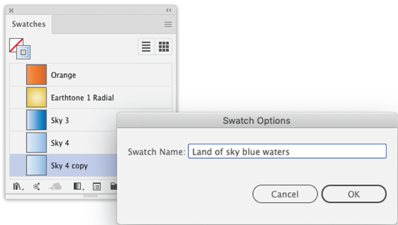 Illustration of renaming a swatch in the Swatch Option dialog in the Swatch panel.