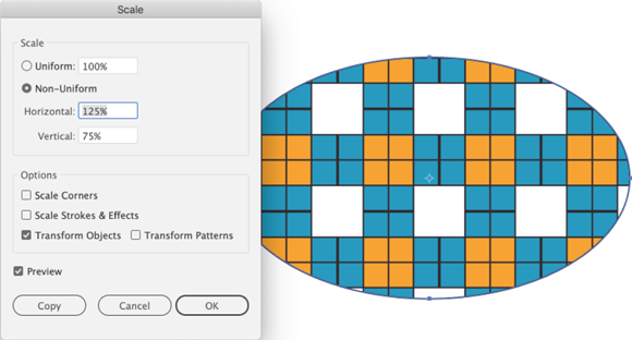 Illustration of rescaling an object. The Transform Patterns check box is deselected when applying new scaling.