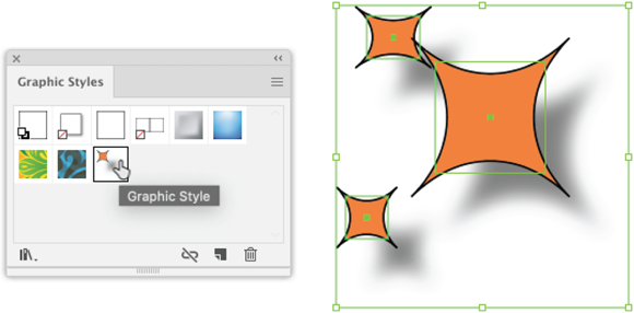 Illustration of applying graphic style to a set of selected rectangles by clicking the graphic style in the Graphic Styles panel.