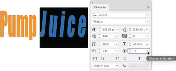 Illustration of rotating selected type characters by using the Character Rotation icon in the Characters panel.
