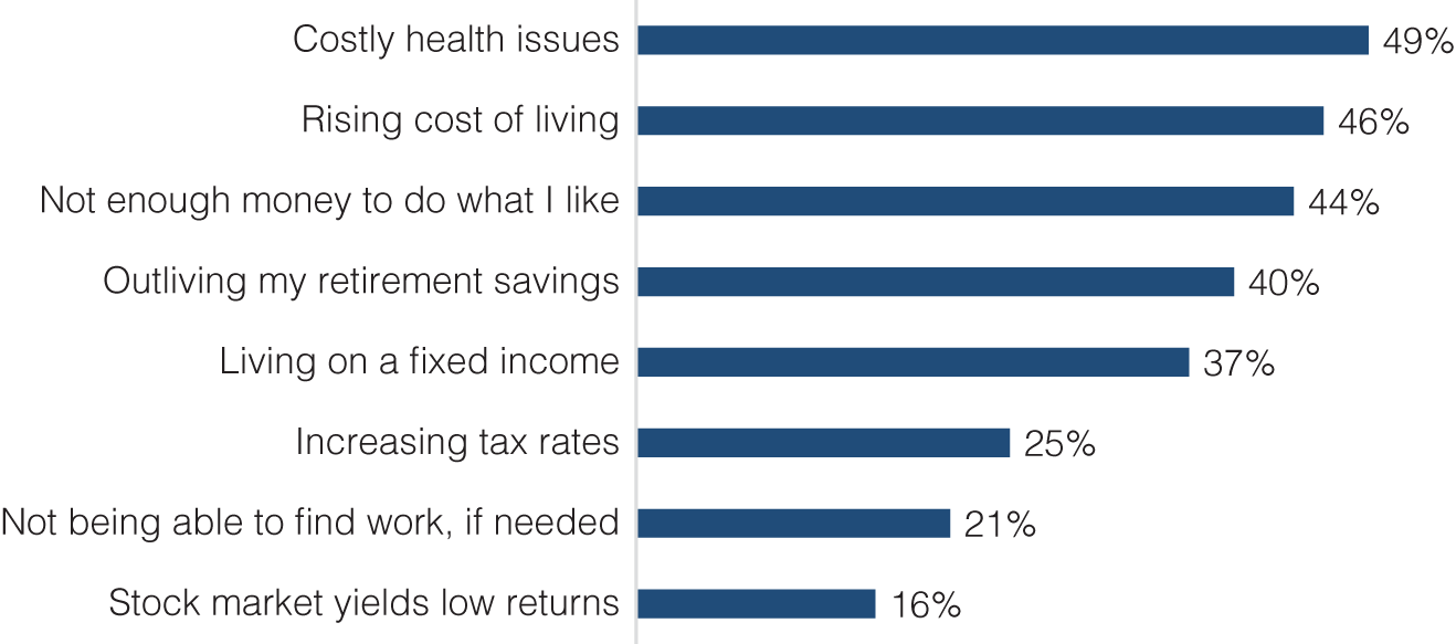 Horizontal bars depicting some of the financial worries in retirement, starting with the potential expense of health problems, rising costs, lack of money, and outliving their wealth.
