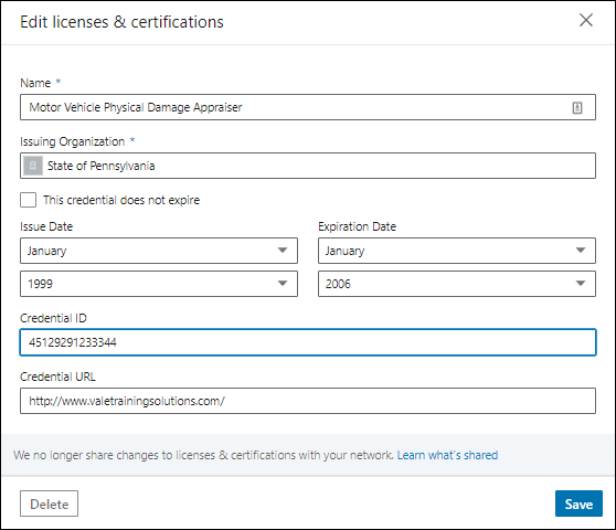 Snapshot of adding a certificate to the Licenses & Certifications section.