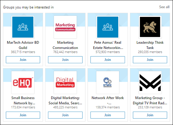Snapshot of LinkedIn recommending the groups that the user might be interested in.