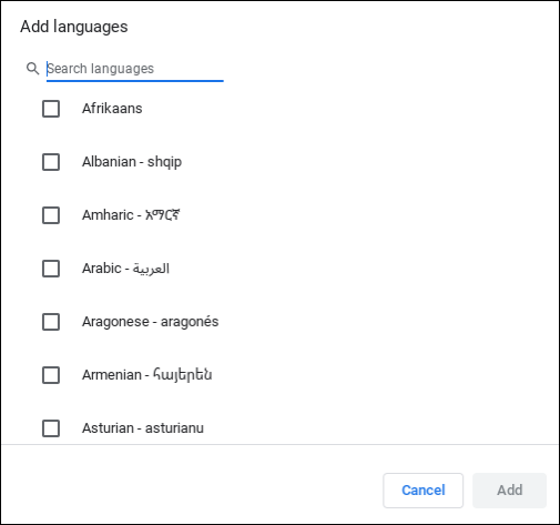 Snapshot of the Add Languages dialog box. Select the languages that are known.