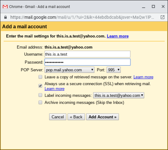 Snapshot of configuring Gmail to read email from a non-Google email service.