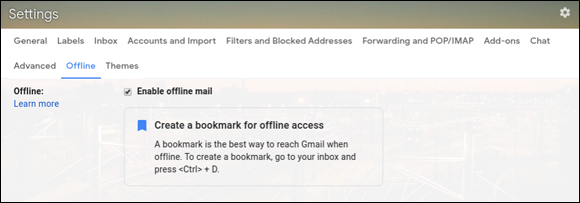 Snapshot of enabling Gmail for offline use.