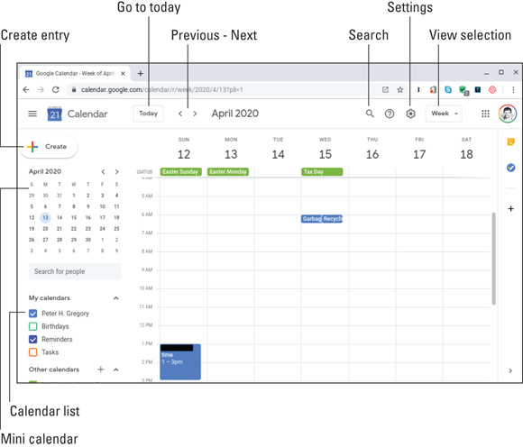 Snapshot of Google Calendar page, which has many features including create a new entry and more.