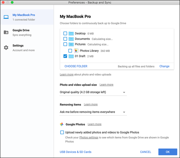 Snapshot of uploading files to Google Drive using the Google Drive for Mac app.