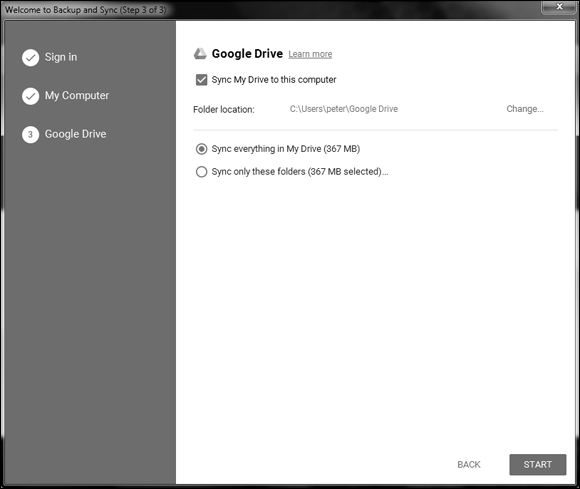 Snapshot of setting up Google Drive using the Google Drive for Windows app.