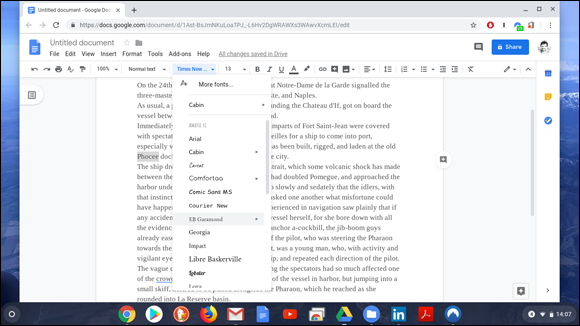 Snapshot of selecting a font in Google Documents.