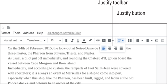 Snapshot of Left, Right, Center, and Justified alignment buttons in the Google documents.