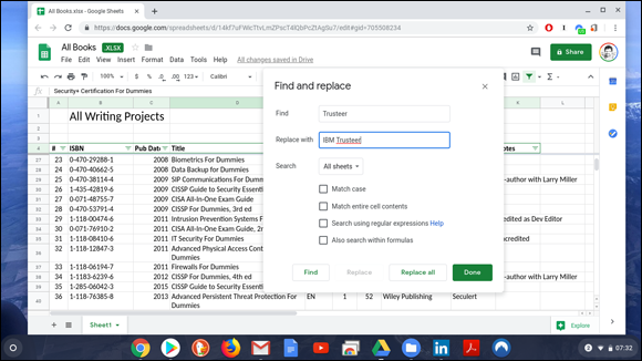 Snapshot of finding and replacing content in Google Sheets.