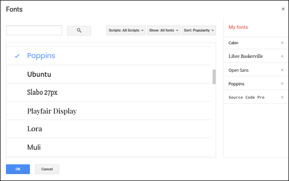 Snapshot of adding new fonts to Google Sheets.
