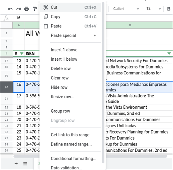 Snapshot of the Alt-click menu for rows in Google Sheets.