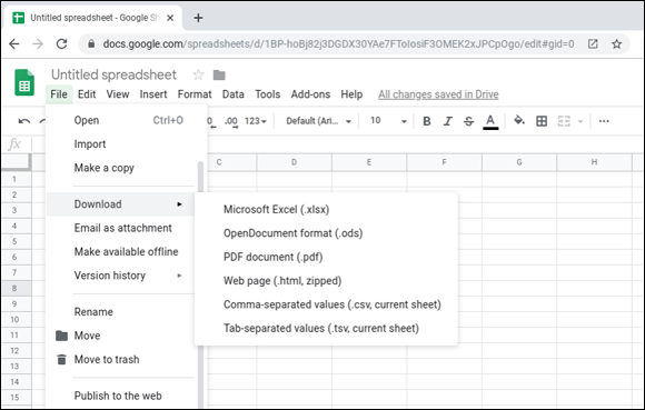 Snapshot of exporting a spreadsheet to a folder in Google Drive.