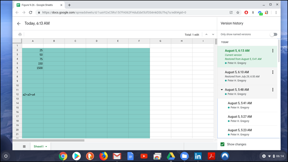 Snapshot of the viewing versions of a spreadsheet in Google Sheets.