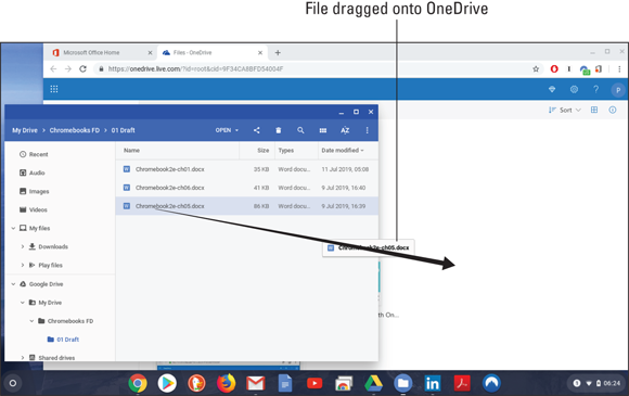 Snapshot of dragging and dropping files from the user's Chromebook or Google Drive to OneDrive.