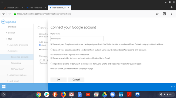 Snapshot of adding the Gmail account to Outlook.