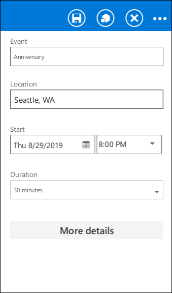 Snapshot of adding an event to the Outlook Calendar.