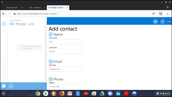 Snapshot of adding a contact to the Outlook.