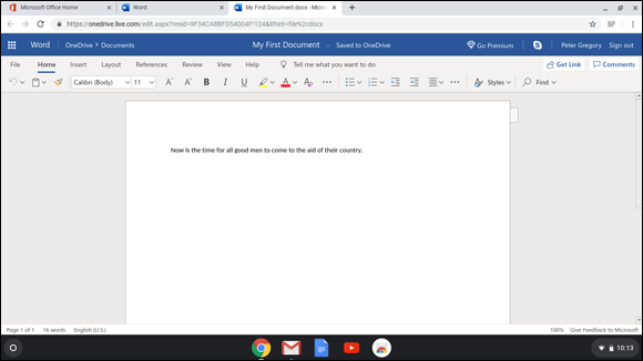 Snapshot of using Word from Office Online on a Chromebook.