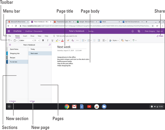 Snapshot of features and functions in OneNote.
