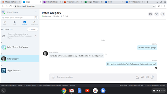 Snapshot of a Skype conversation on a Chromebook.