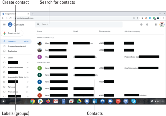 Snapshot of the Google Contacts main window. The author’s personal contacts are redacted for privacy.
