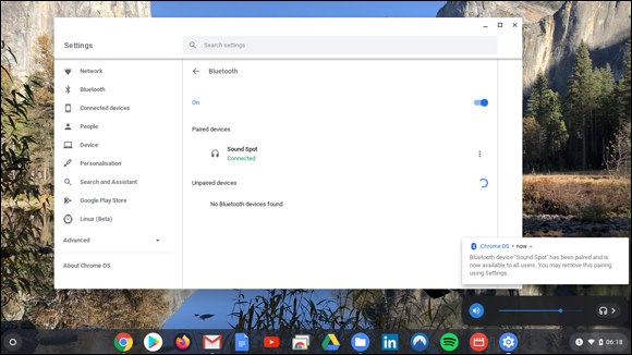 Snapshot of Chromebook, which has successfully paired with a Bluetooth device.