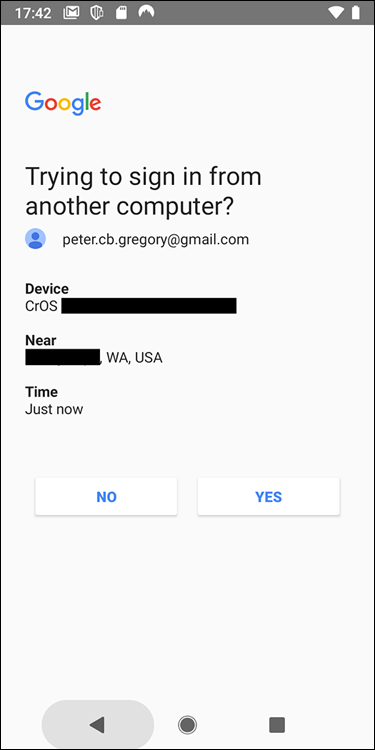 Snapshot of verifying the user's Google login on the user's Smartphone.