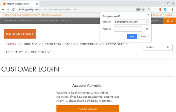 Snapshot of the Chrome browser offers to store the password.