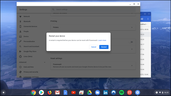 Snapshot of Restart the device dialog box, which wipes the Chromebook clean.