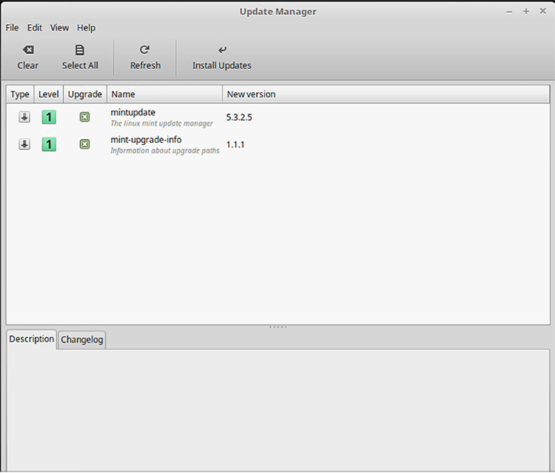 The figure shows a screenshot illustrating the Software Update utility in Linux Mint 18.3. 