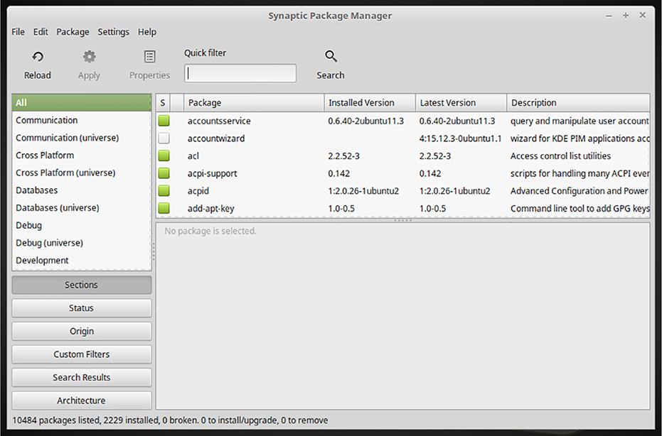 The figure shows a screenshot illustrating how Synaptic enables you to search for, select, install, and uninstall software on Debian-based systems. 