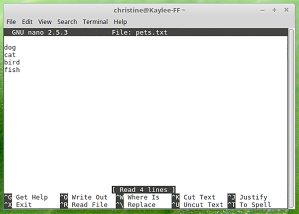 The figure shows a screenshot illustrating how nano editor enables you to edit a text file in text mode. 