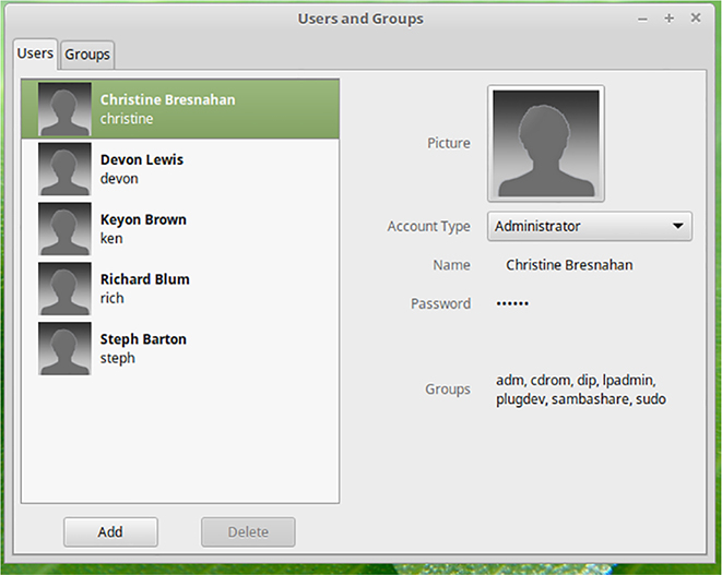 The figure shows a screenshot illustrating the Linux Mint’s User and Groups Administration utility. 