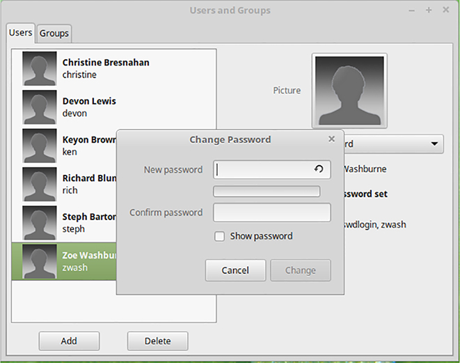 The figure shows a screenshot illustrating how to set the user account’s password using the Change Password dialog.