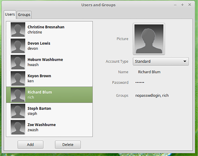 The figure shows a screenshot illustrating how the User and Groups Administration utility enable you to edit a few account properties.