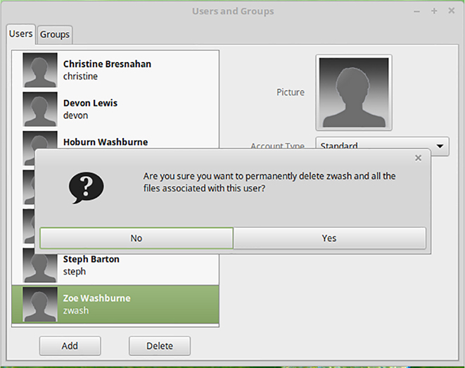 The figure shows a screenshot illustrating how to delete an account from Linux Mint’s User and Groups Administration utility.