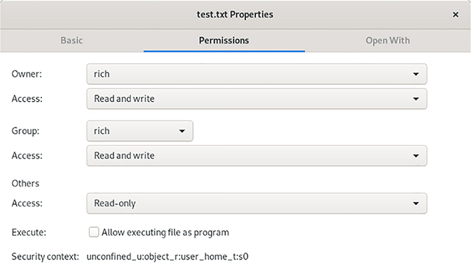 The figure shows a screenshot illustrating how Linux file managers offer you access to the file’s ownership and permission metadata.