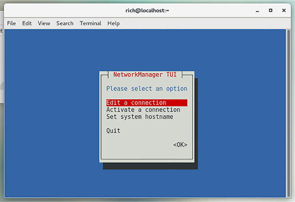 The figure shows a screenshot illustrating the Network Manager nmtui command-line tool.