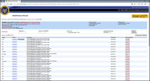 Screenshot of the EDGAR database listing displaying all the filings that are available for a company.