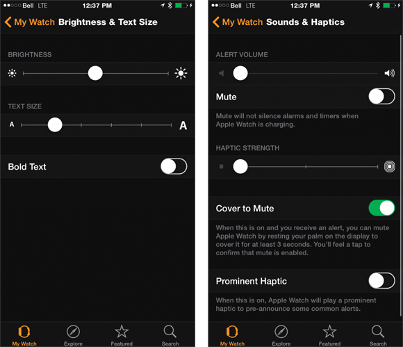 Use your fingertip to adjust settings for brightness, text size, sounds, and haptics.
