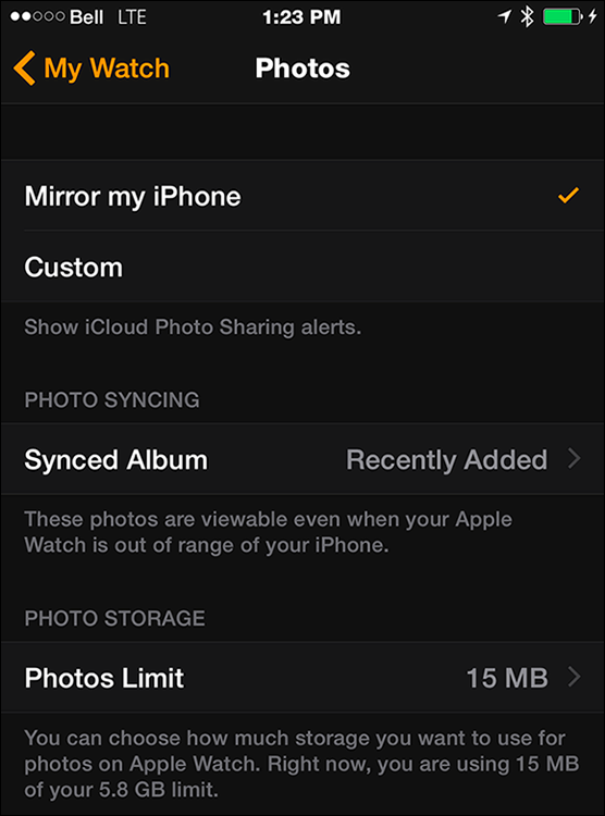 Select which photos you want synced to Apple Watch (if any).
